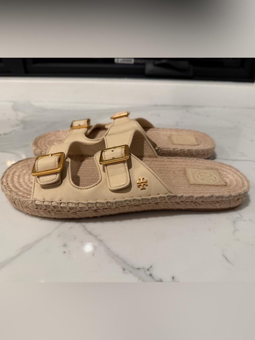 Tory Burch Kids Cream Double-Buckle Espadrille Sandal with Gold Hardware